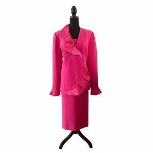 ML Studio Hot Pink 2pc Skirt Suit w/Ruffles and Beads, Size 18